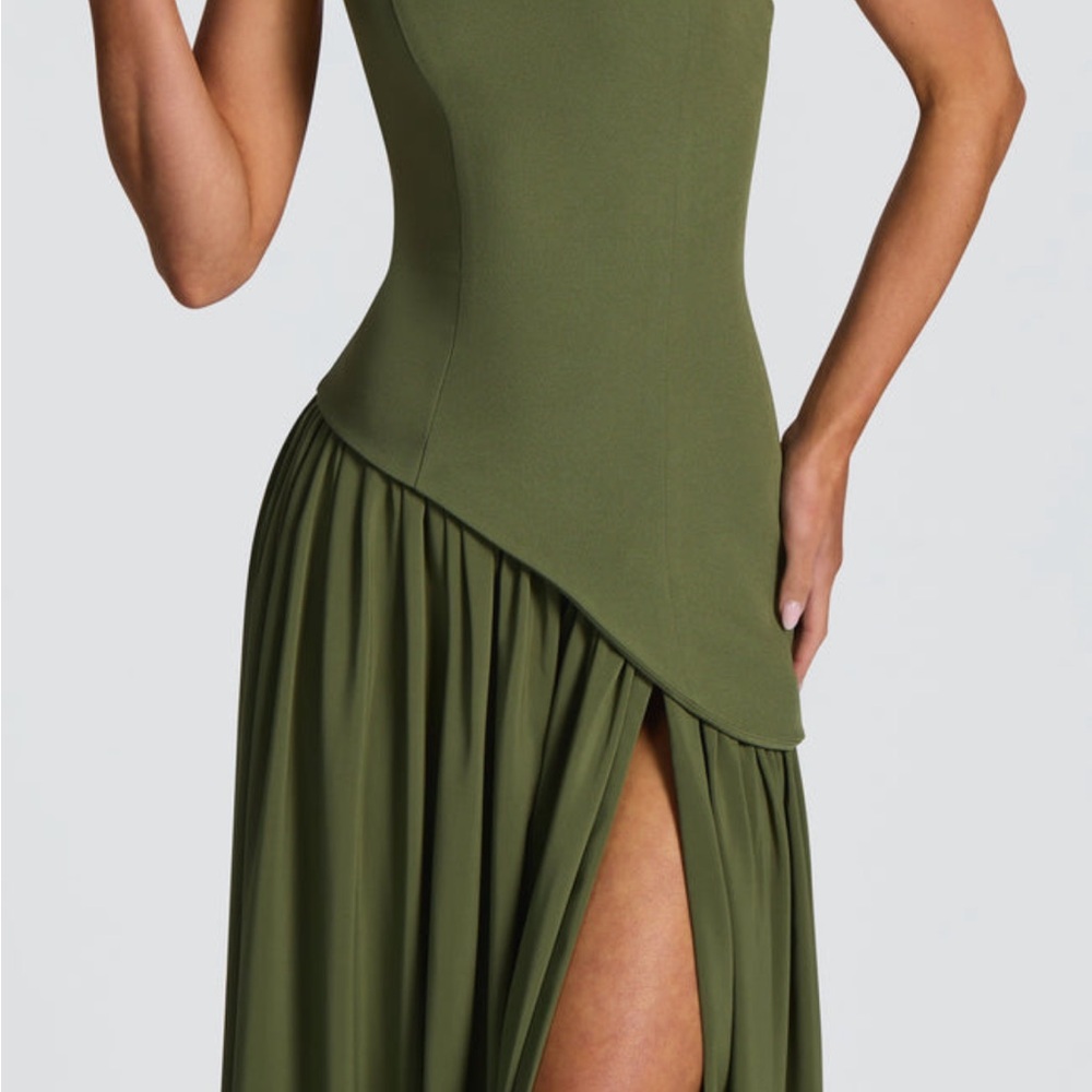 Asymmetric Olive Green Sleeveless Maxi Dress with Thigh Slit